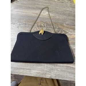 Vintage Black Clutch Purse Gold Clasp Closure 11x5in Hollywood Regency‎